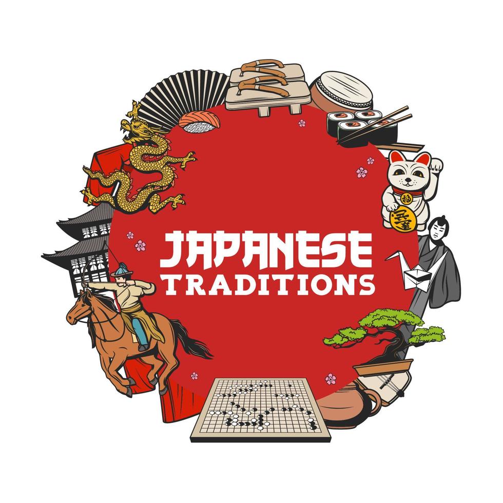 Japanese sushi, bonsai, pagoda and sakura icon vector