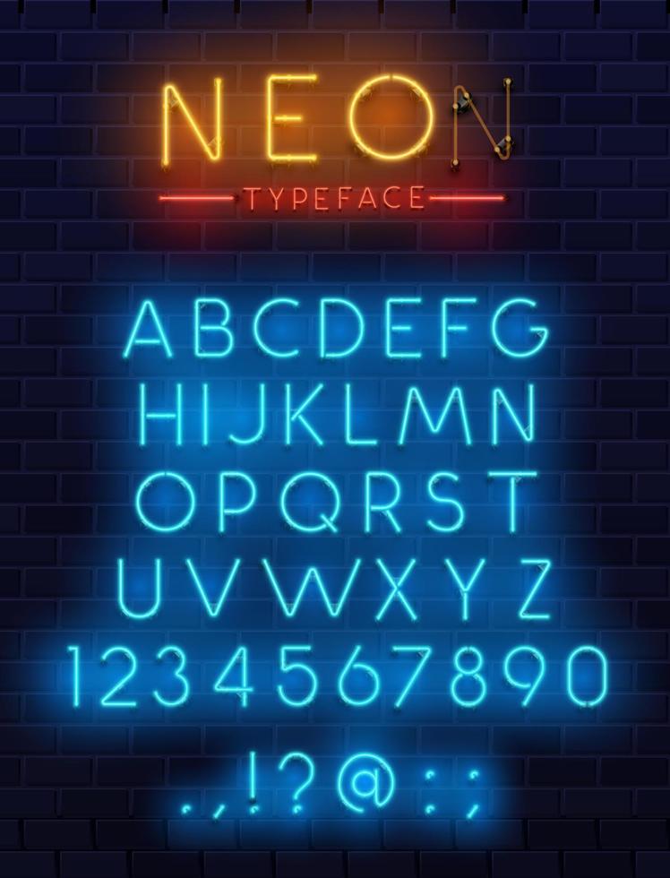 Neon type font, glowing vector alphabet letters