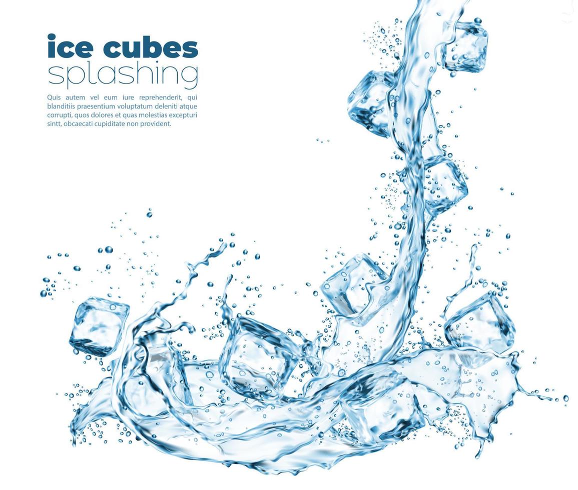 Blue water wave cascade splash and ice cubes vector