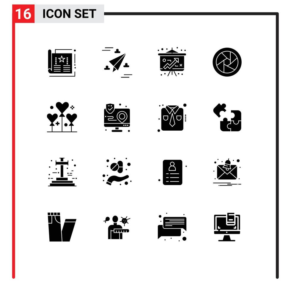 Editable Vector Line Pack of 16 Simple Solid Glyphs of party balloon fly camera lenses camera accessories Editable Vector Design Elements
