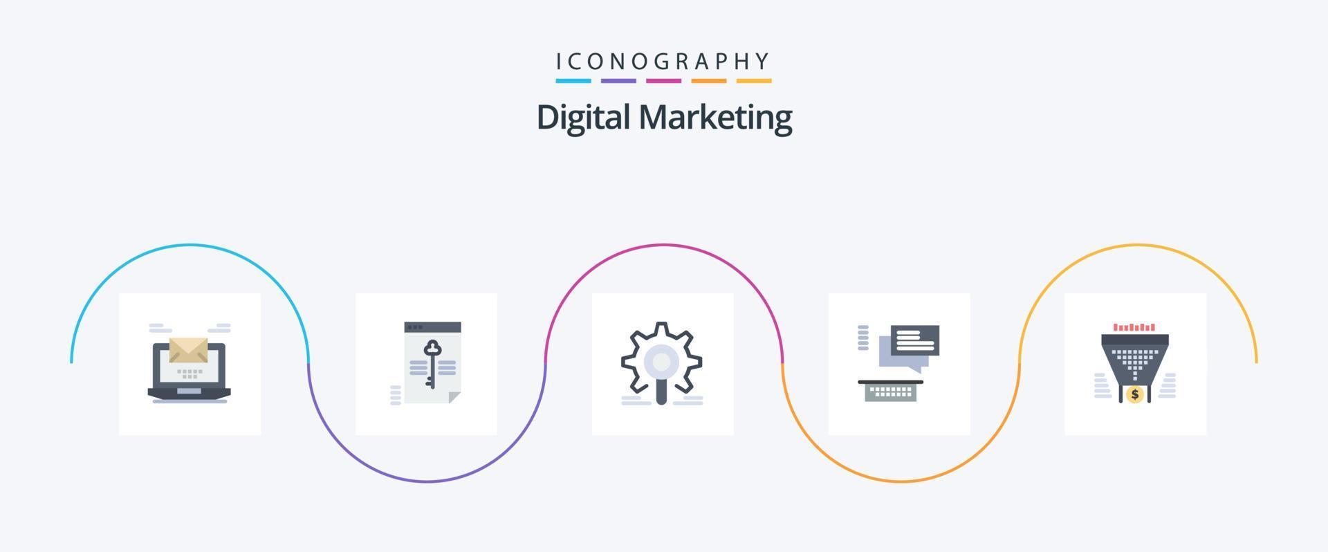 paquete de iconos planos de marketing digital 5 que incluye chat. charlar. llave. configuración. búsqueda vector