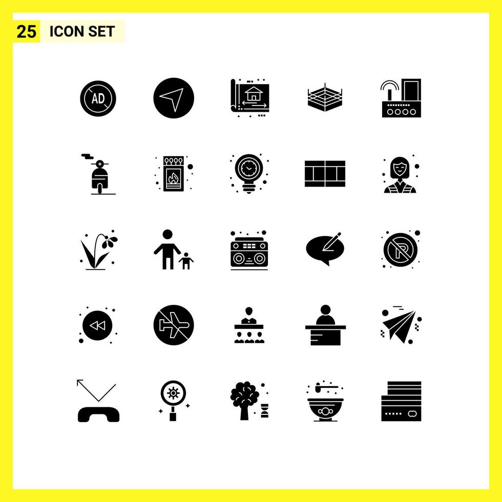 Set of 25 Vector Solid Glyphs on Grid for signal router architect wrestling boxing Editable Vector Design Elements