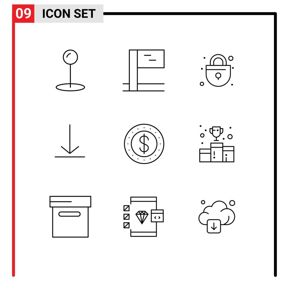 User Interface Pack of 9 Basic Outlines of number first position video awards cash Editable Vector Design Elements