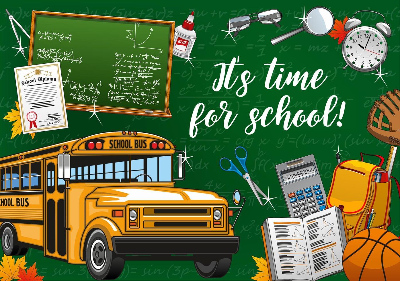 Welcome to school invitation, bus and stationery vector