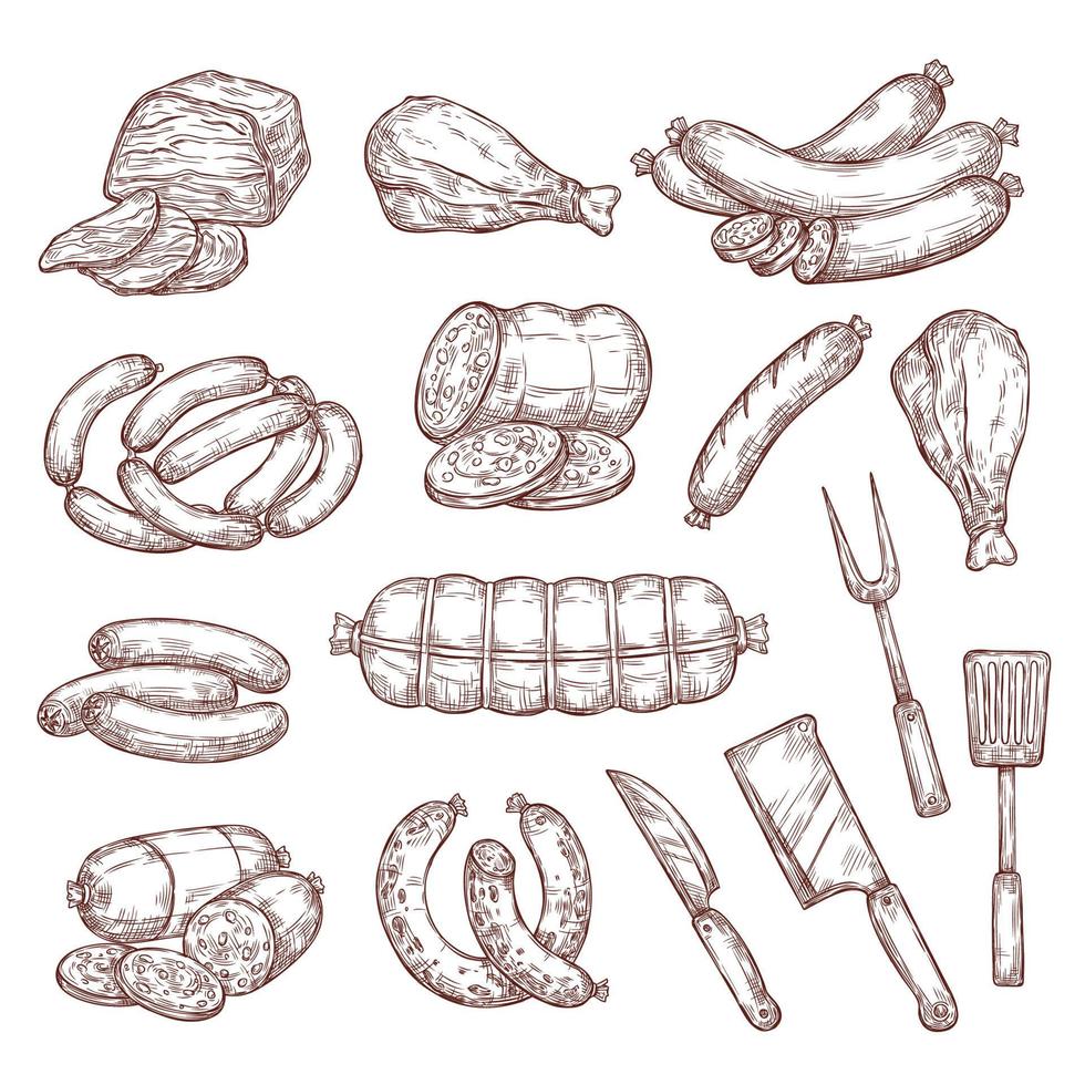 Meat sausages, ham, salami and butcher knife vector