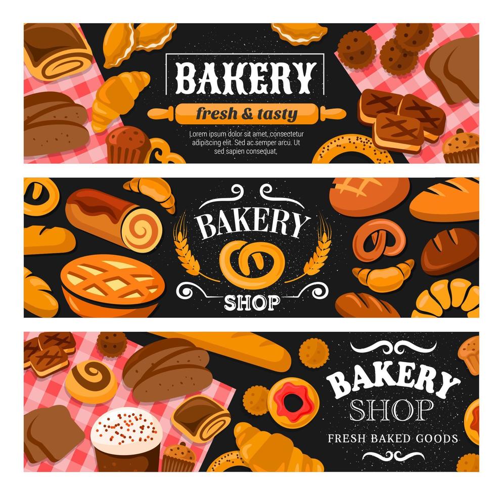 Bread and pastries of bakery shop, cake, croissant vector