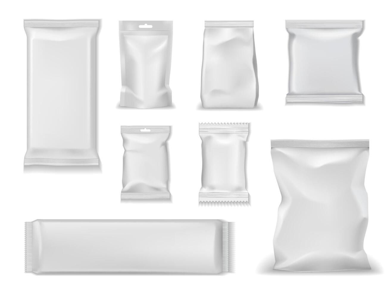 Paquetes de bolsas de papel de aluminio, paquete doy de bolsita blanca vector