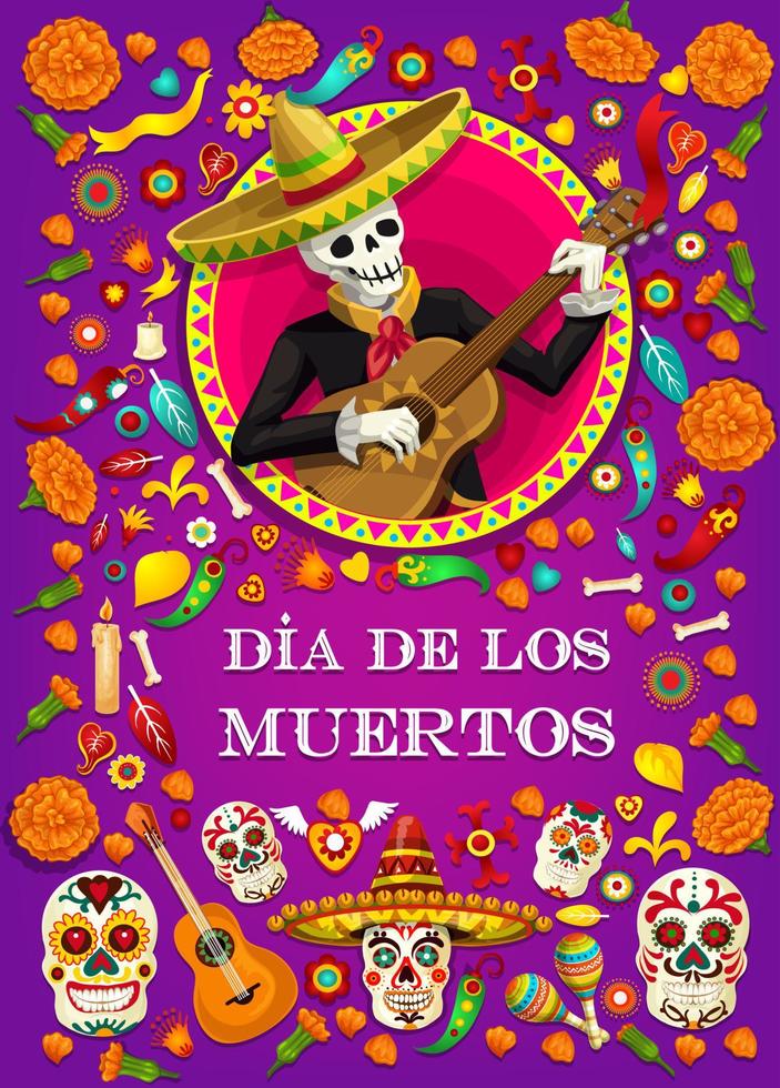 esqueleto dia de los muertos con guitarra mexicana vector