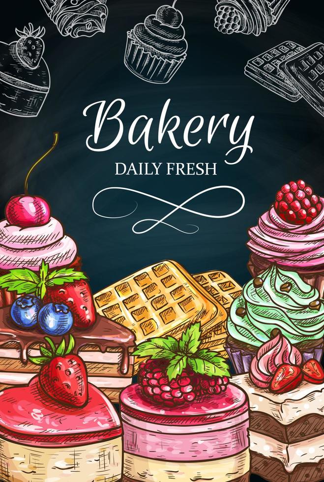 Pastry desserts blackboard of cake chalk sketches vector