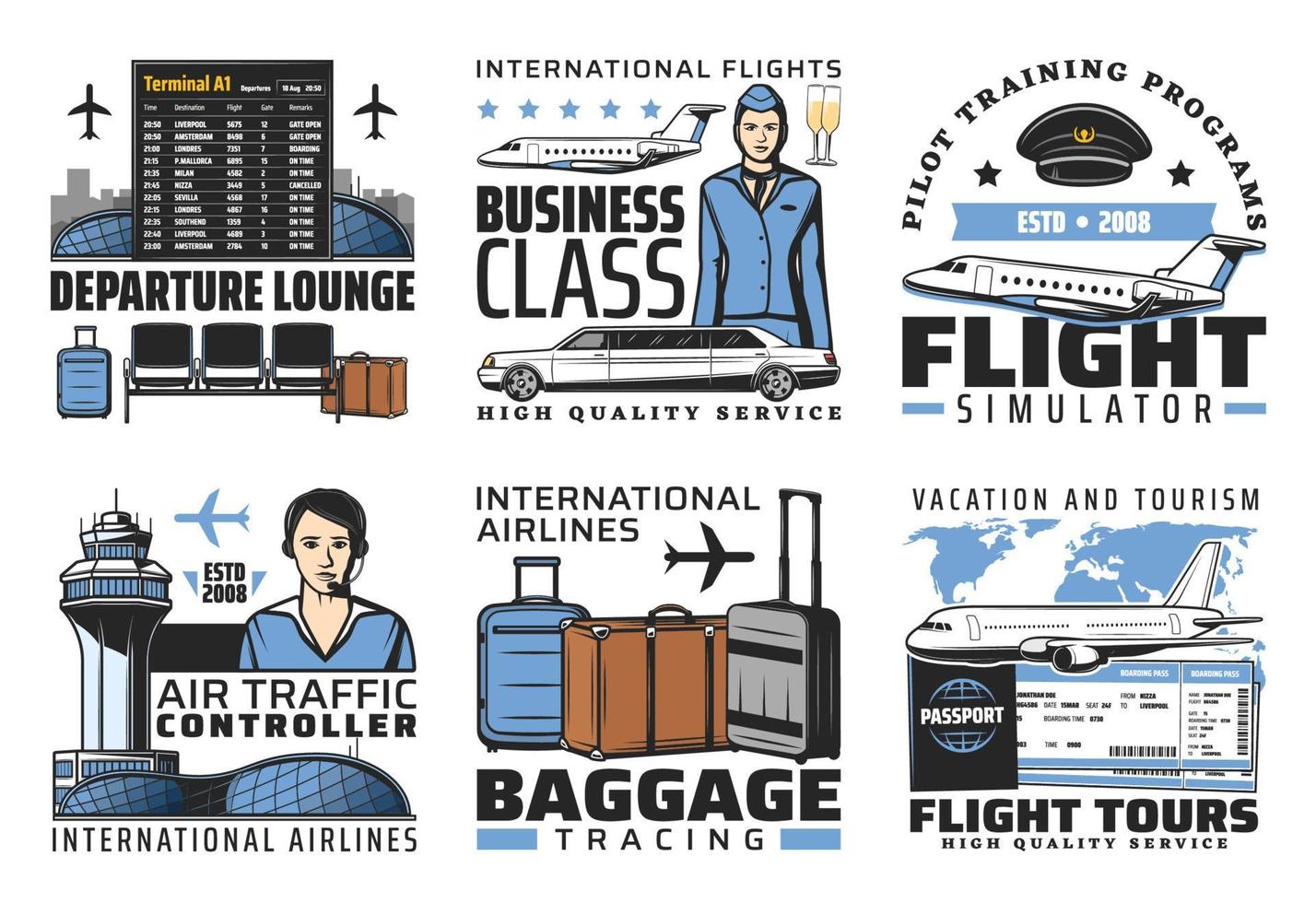 iconos de vector de servicio de vuelo de aeropuerto y aviación