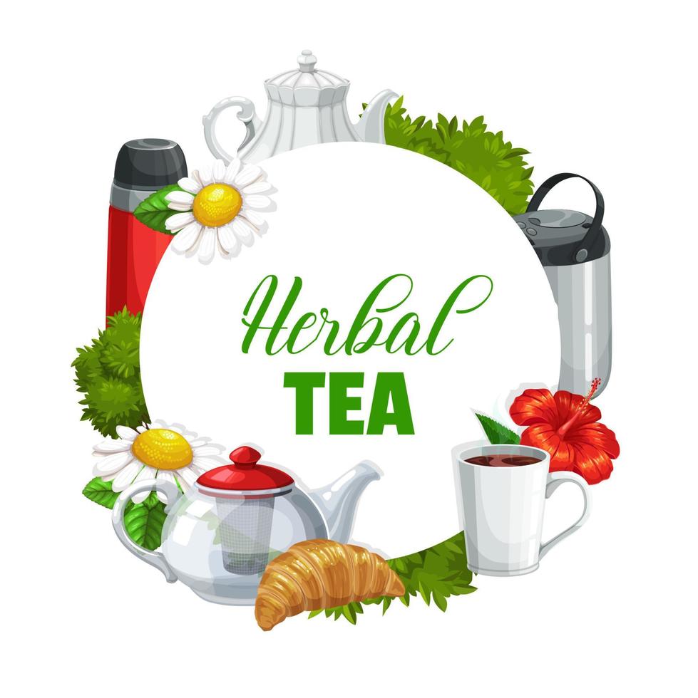 flor y té de hierbas, marco redondo vectorial vector