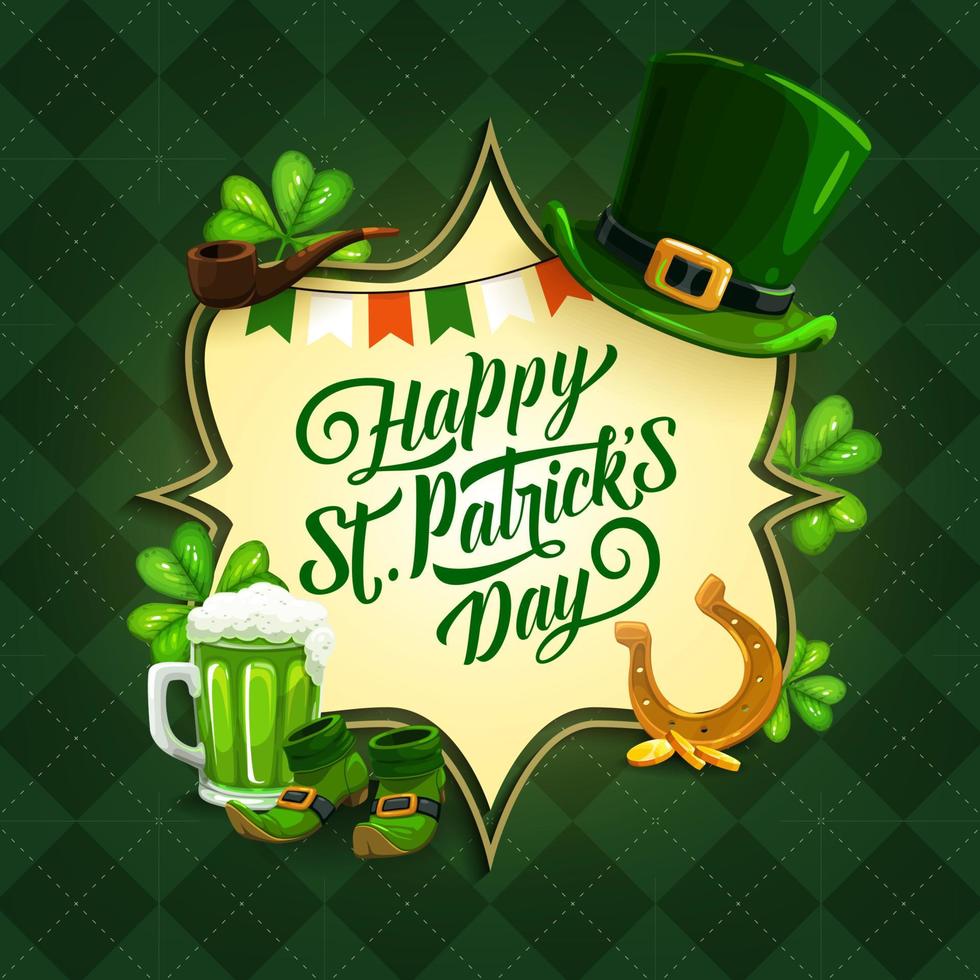 Patrick Day Irish holiday card with clovers, coins vector