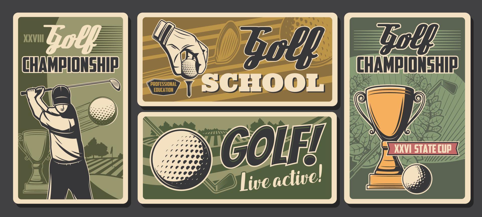 Golf school, champion sport tournament posters vector