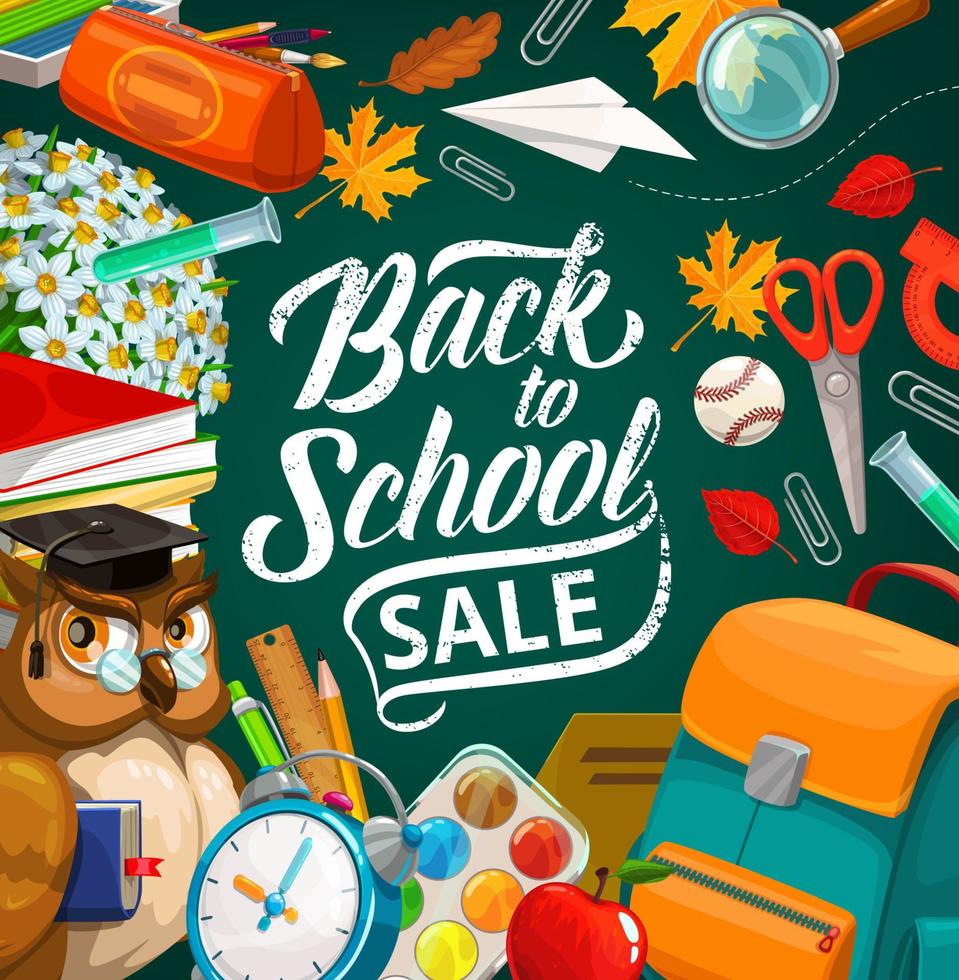 Back to school sale, student supplies and backpack vector