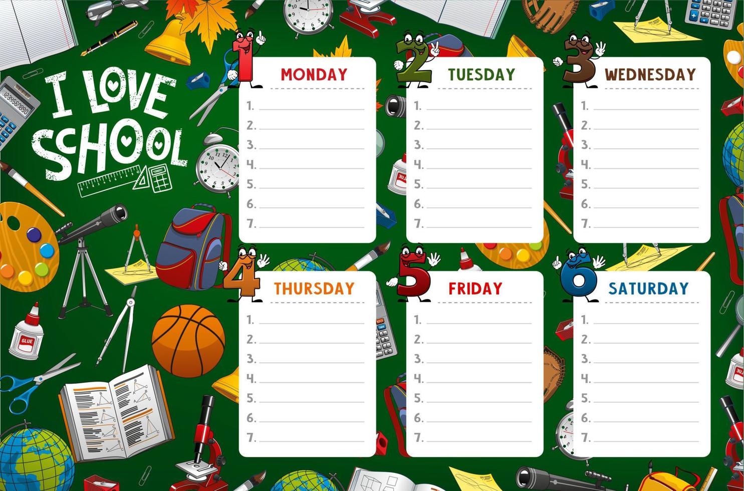 School timetable week schedule, classes supplies vector