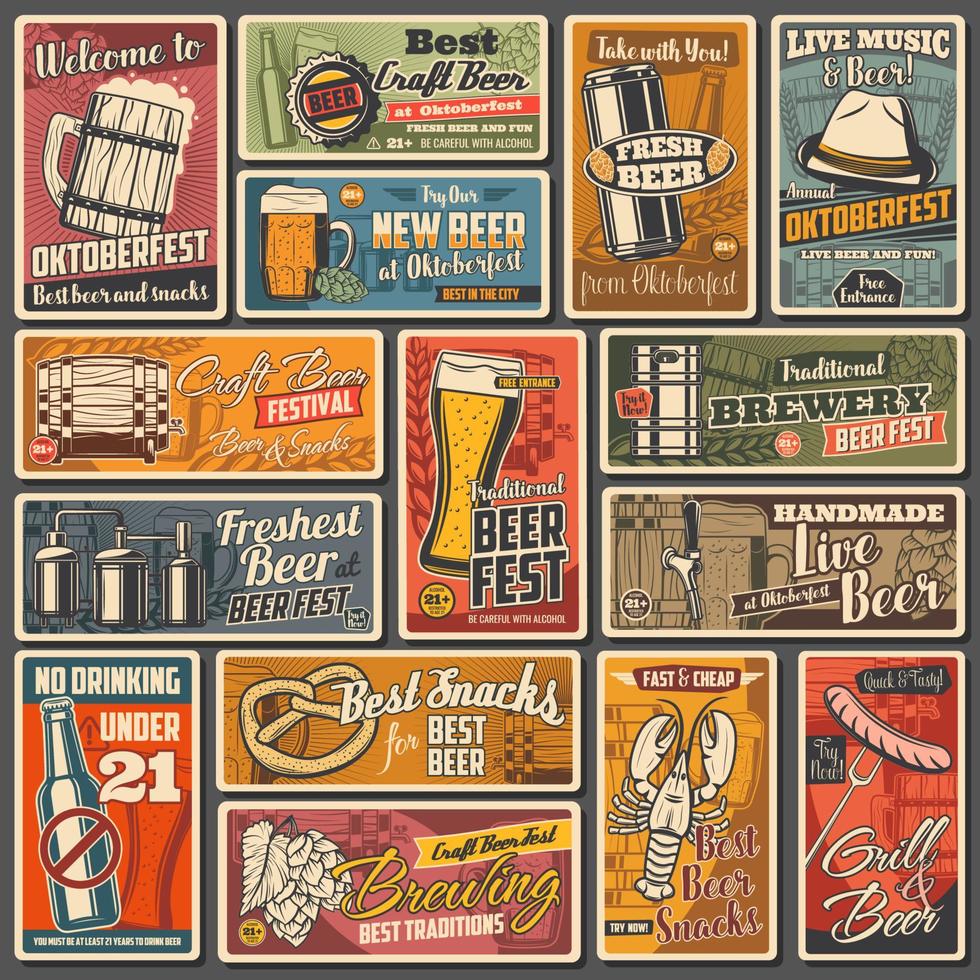 Beer glass, mug, bottle, barrel with hop posters vector