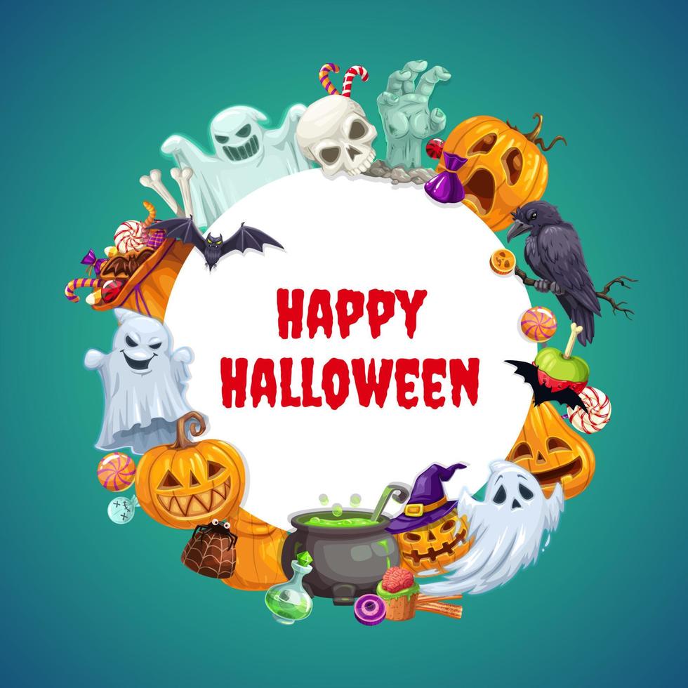 Halloween symbols frame. Ghosts, pumpkins, sweets vector