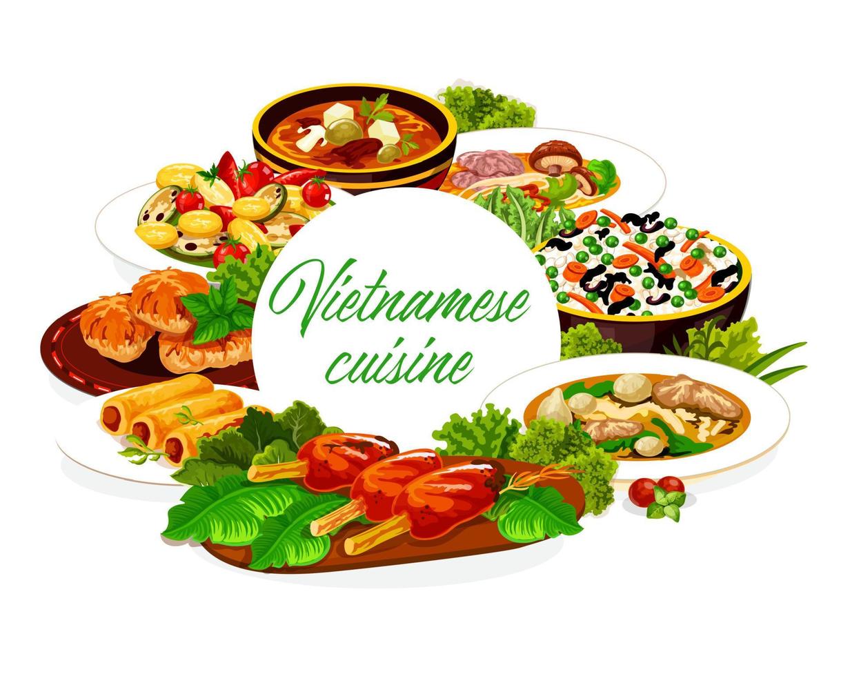 Vietnamese cuisine vegetables, rice, fish and meat vector