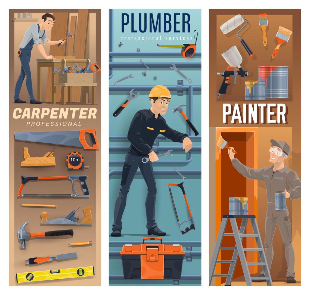 Carpenter, plumber, painter construction workers vector