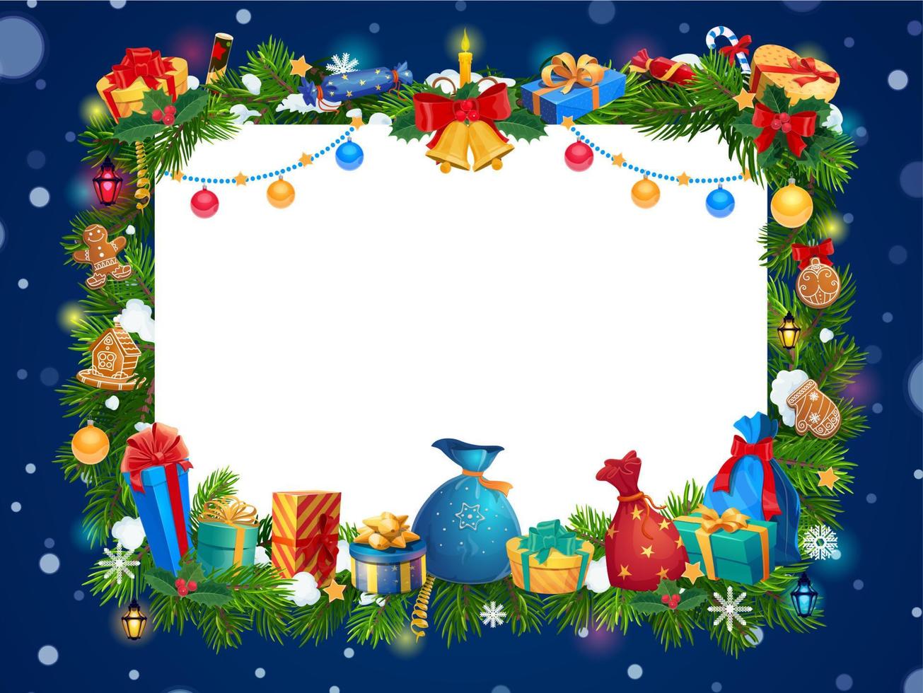 árbol de navidad y regalos marco de guirnalda de año nuevo vector