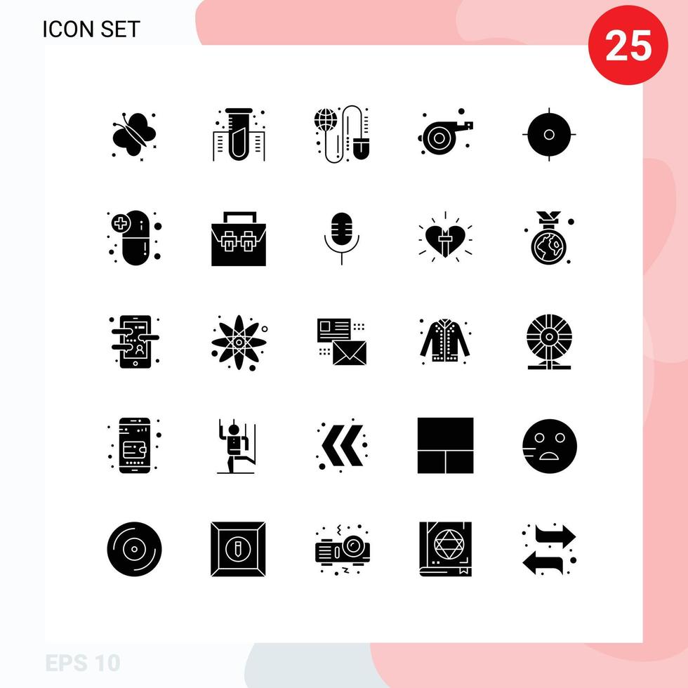 Pack of 25 creative Solid Glyphs of target whistle global sport worldwide Editable Vector Design Elements