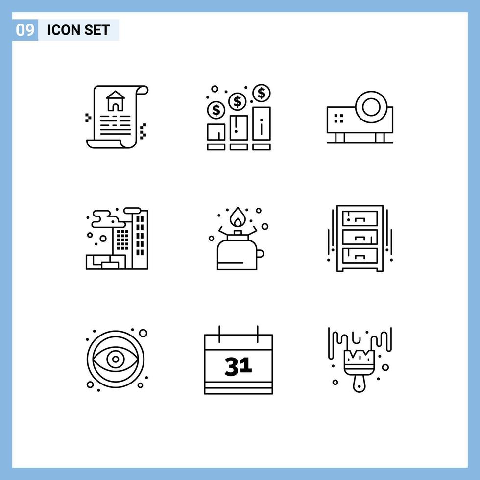 Universal Icon Symbols Group of 9 Modern Outlines of cooking pollution multimedia gas video projector Editable Vector Design Elements