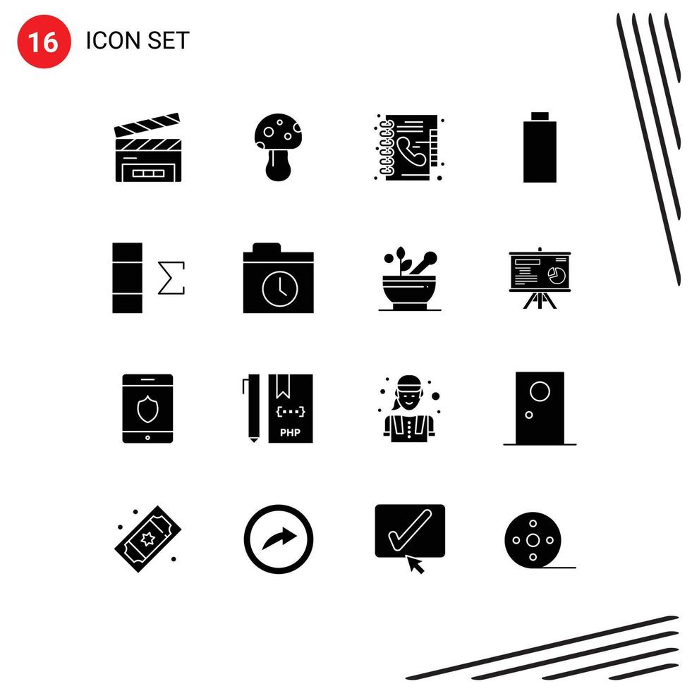 Group of 16 Modern Solid Glyphs Set for summary column book multimedia battery Editable Vector Design Elements