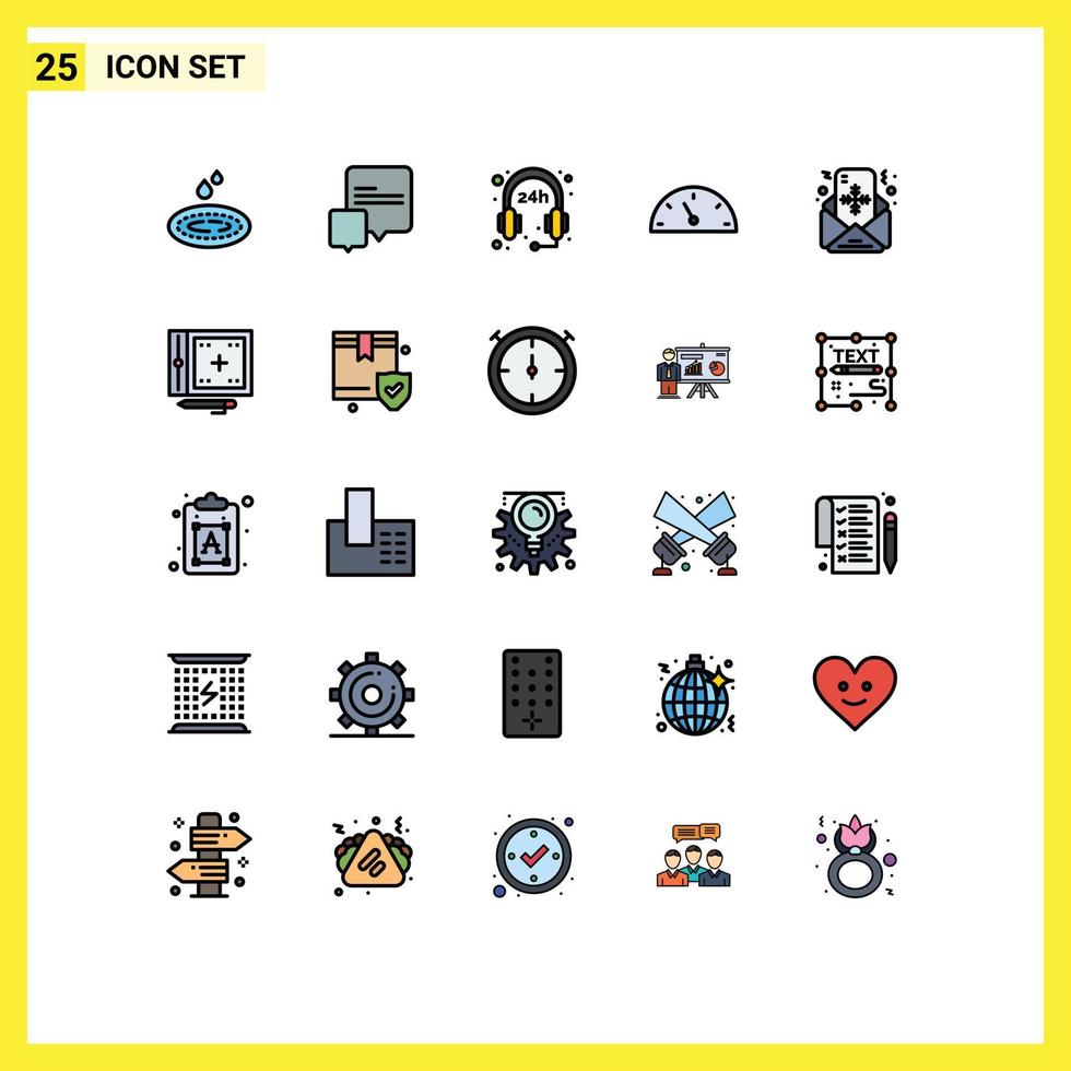 paquete de 25 modernos signos y símbolos de colores planos de línea rellena para medios de impresión web, como codificación de letras, soporte de elementos de diseño de vectores editables de velocidad navideña