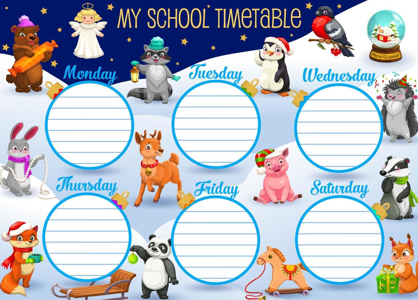 School schedule on whole week, cartoon animals vector