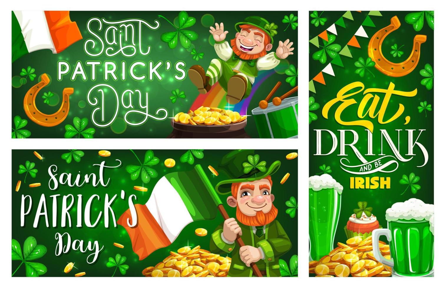 Patrick day, Irish shamrock clovers and leprechaun vector