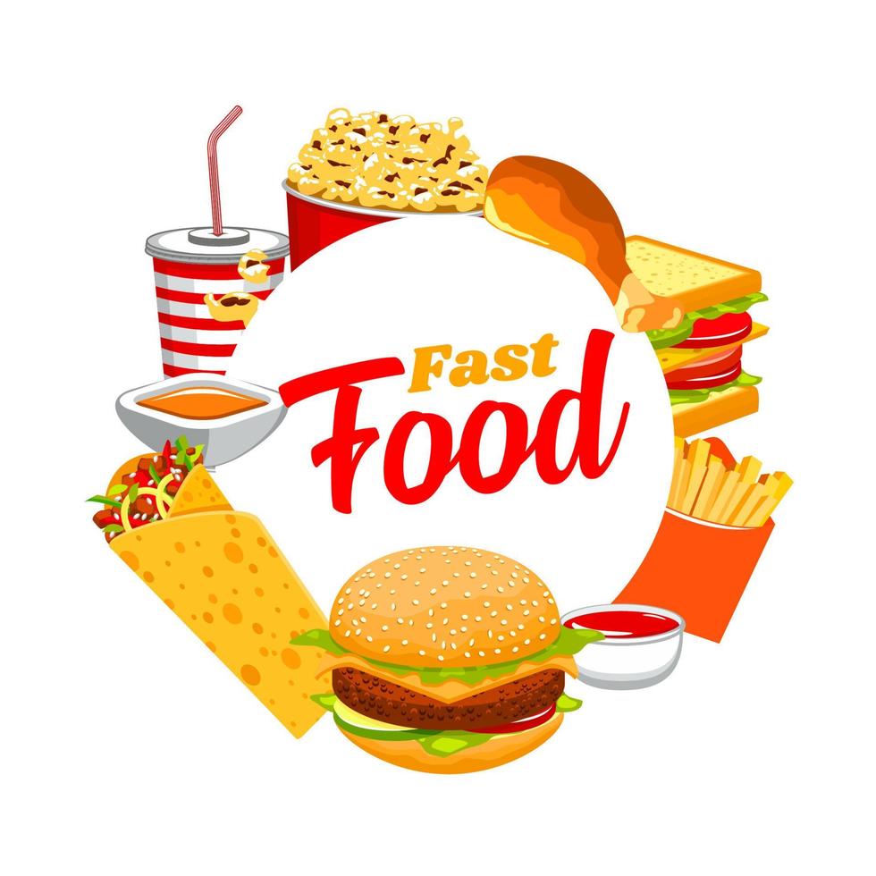 Fastfood isolated round frame, burger, soda drink vector