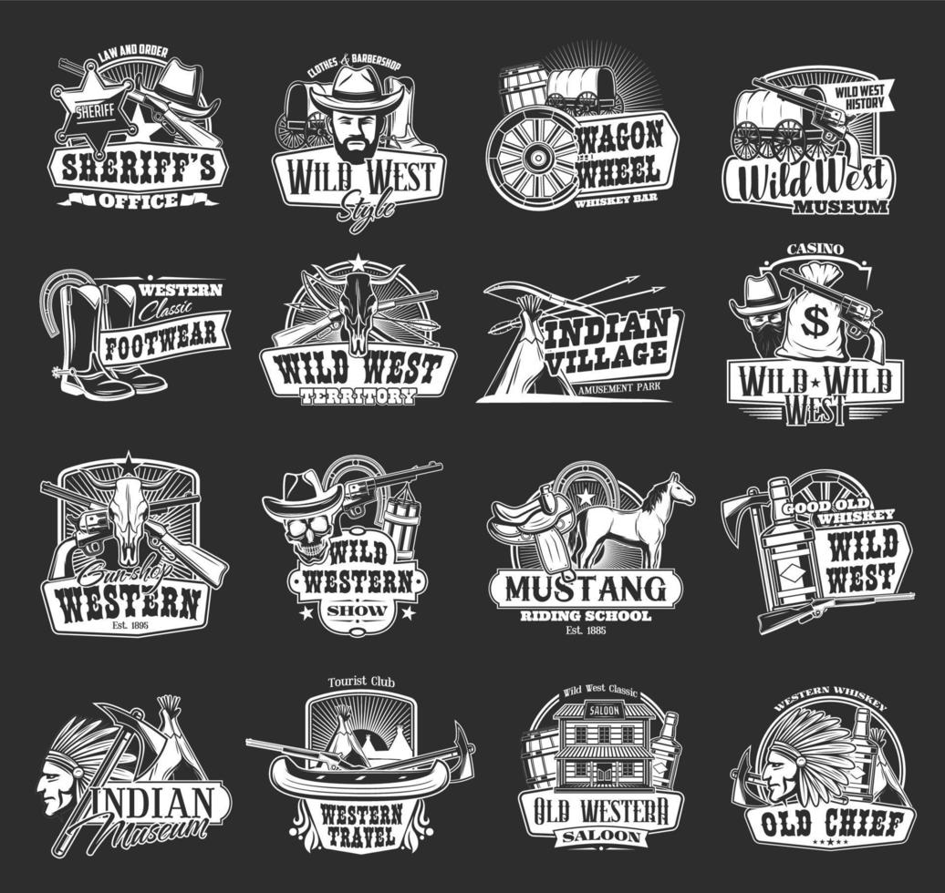 Wild West sheriff, Western cowboy and skull icons vector