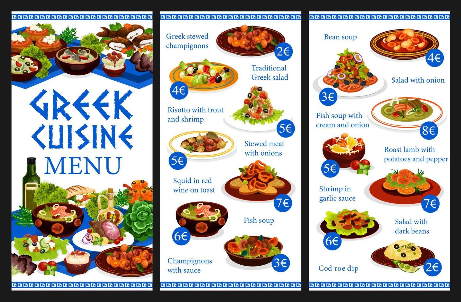 Greek cuisine restaurant menu template vector
