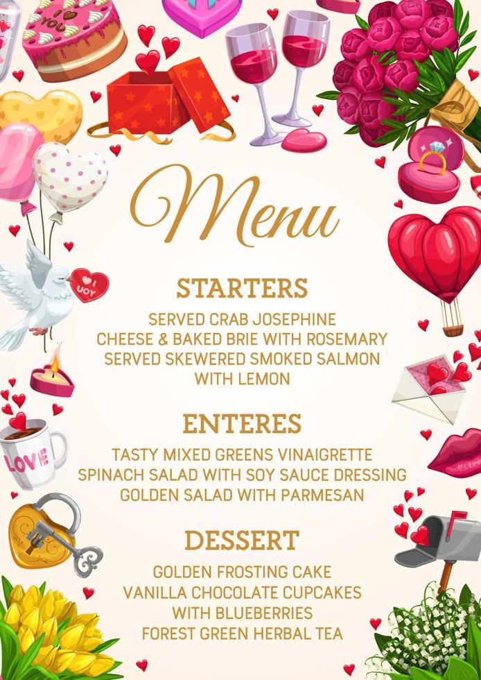 Wedding party menu, flowers, heart balloons frame vector