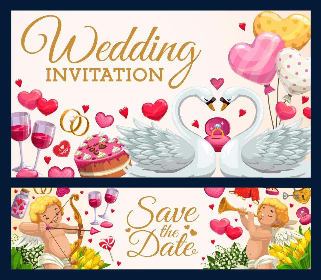 Wedding invitation calligraphy, hearts and swans vector