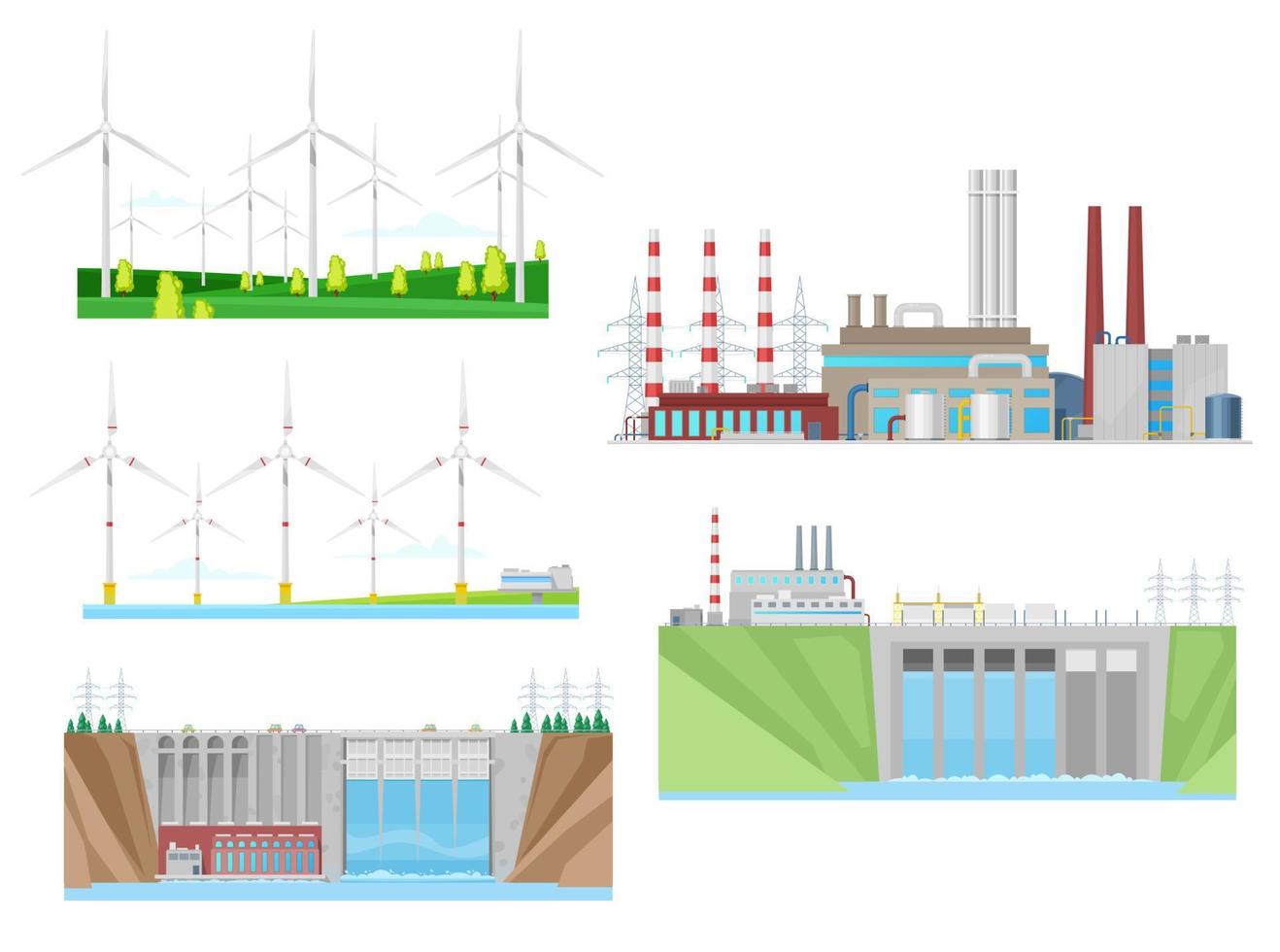 Wind turbines, coal power plant and hydro station vector