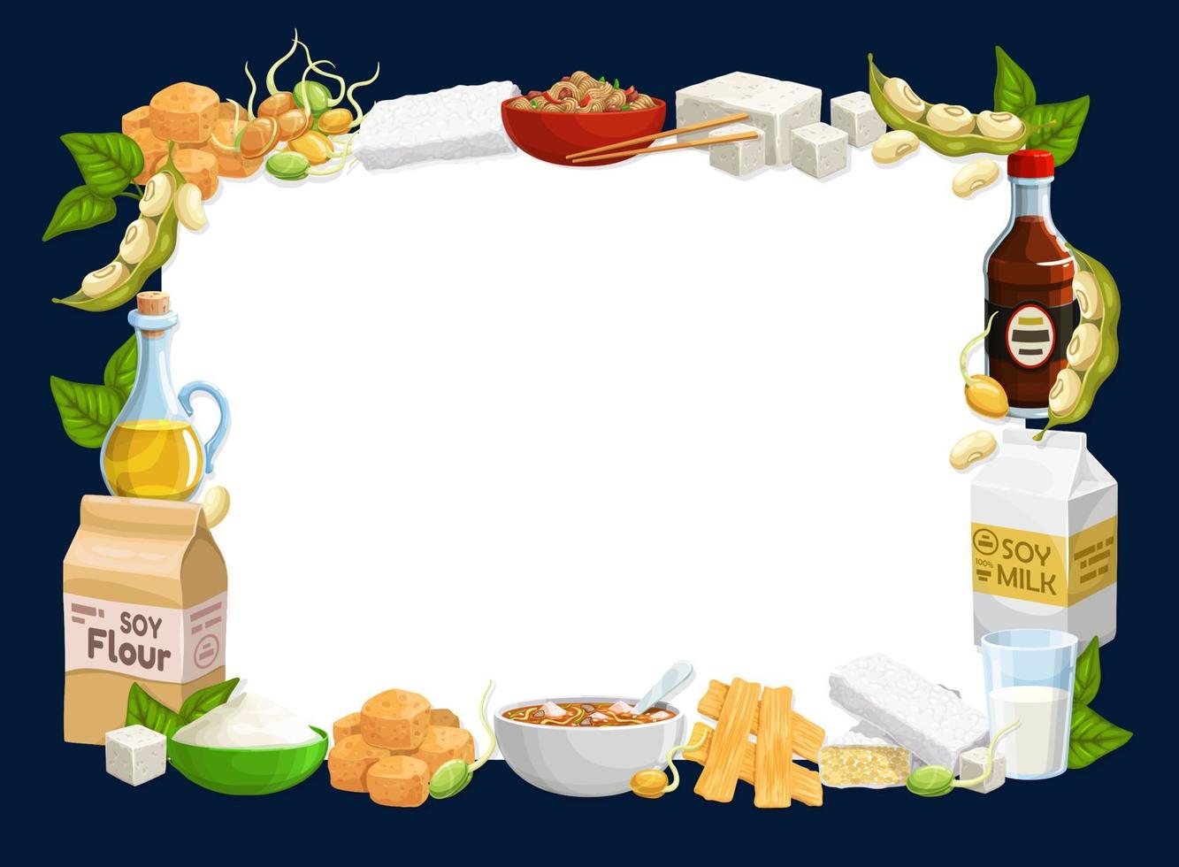 Soybean food frame with beans, soy milk, oil, tofu vector