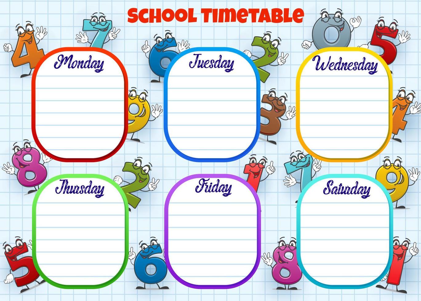 School timetable week schedule, cartoon numbers vector