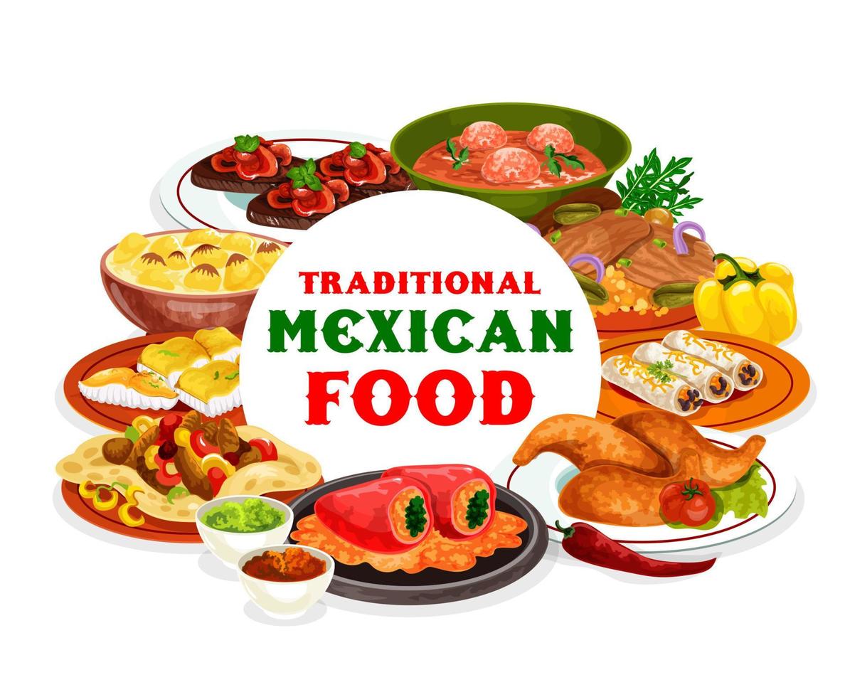 Mexican food with meat, vegetables and fish dishes vector