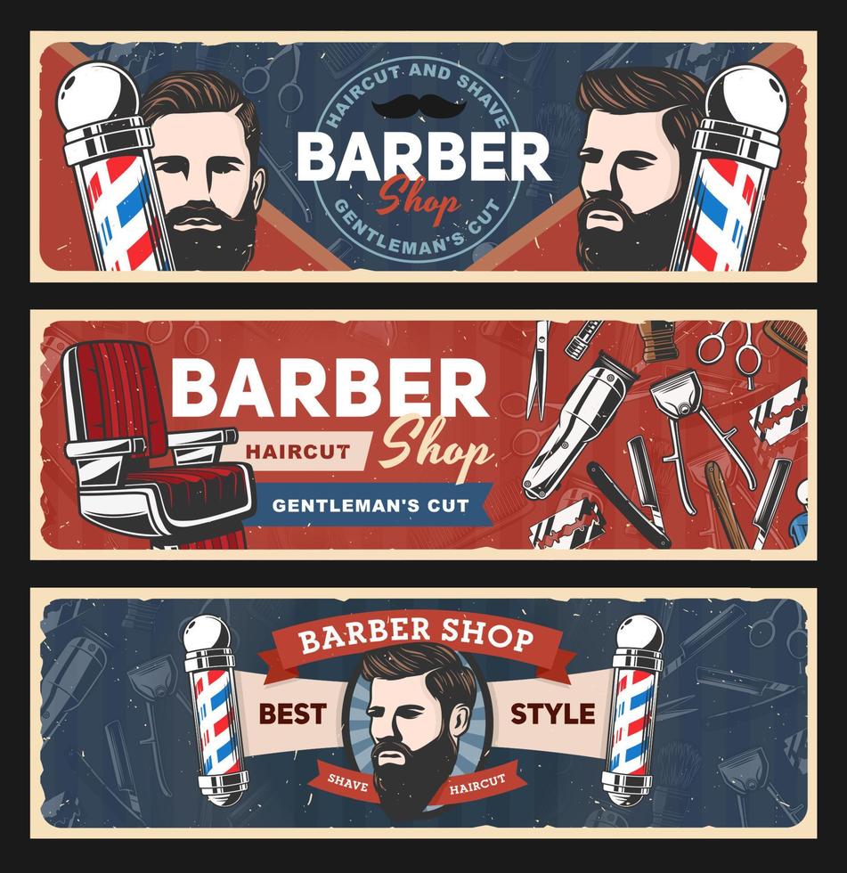 maquinillas de afeitar de barbería, postes retro, afeitadoras de corte de pelo vector