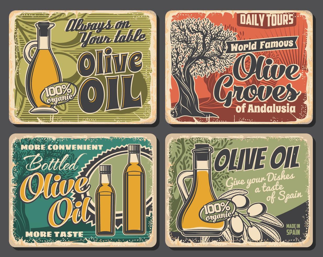 botellas de aceite de oliva, árboles y frutas vector