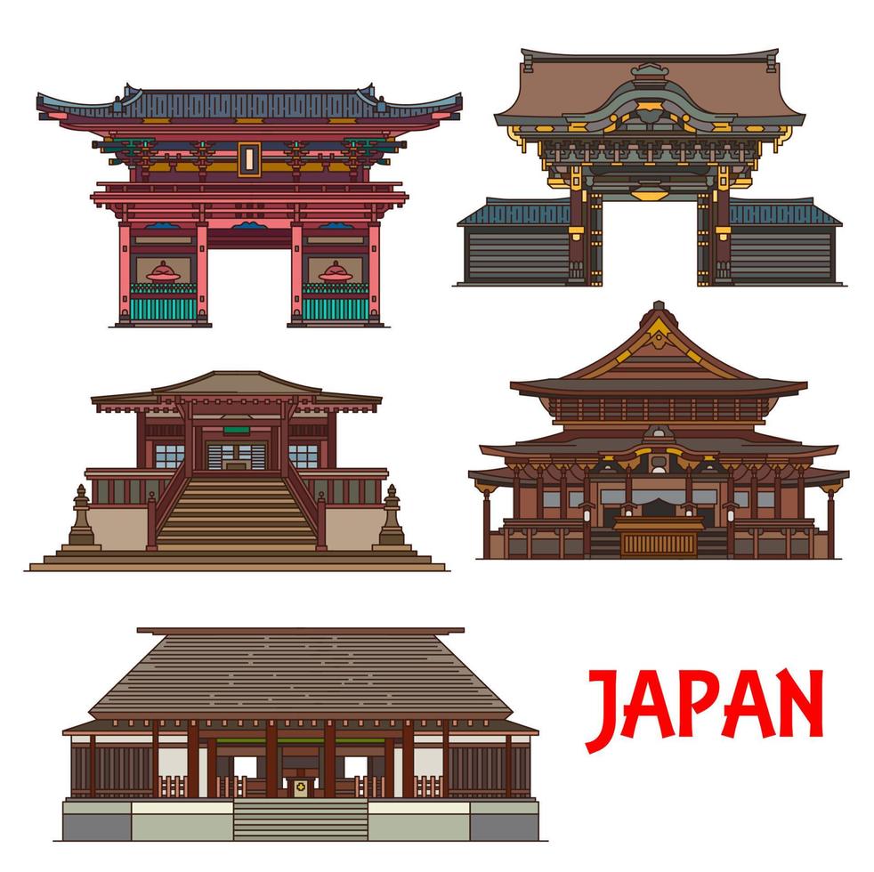 Japanese temple and shrine icons. Travel landmark vector