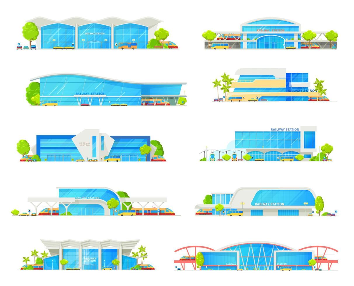 Railway station, train and railroad platform icons vector