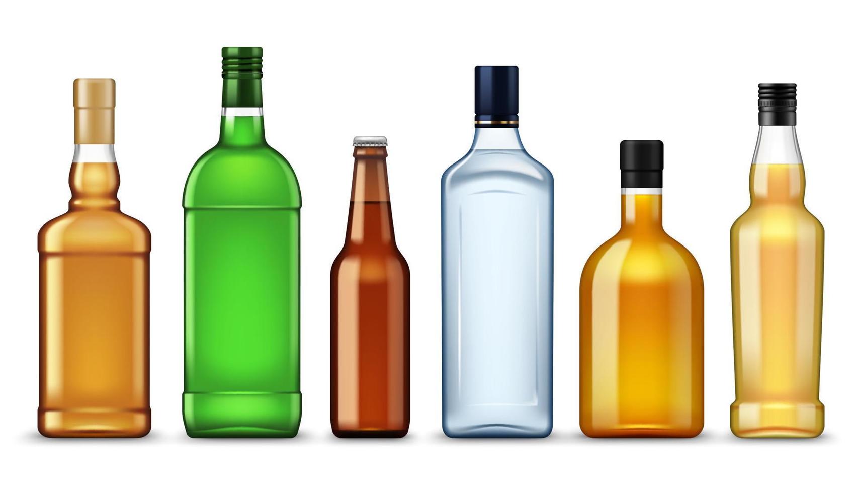 Glass bottles, alcohol drinks 3d mockups vector