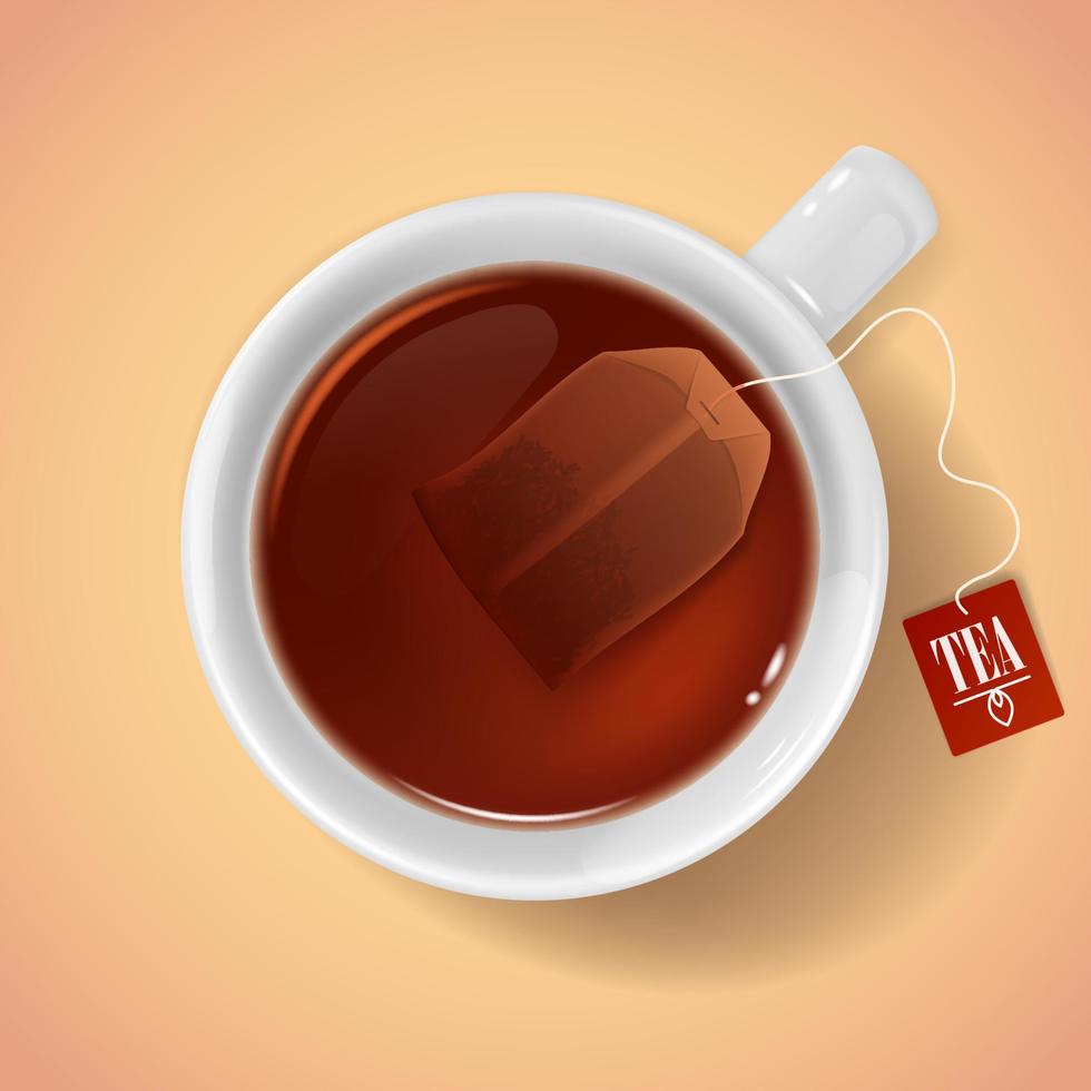 Tea cup with teabag, realistic vector mug