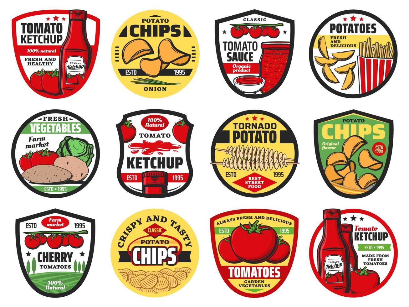 iconos de vector de comida de tomate y patata