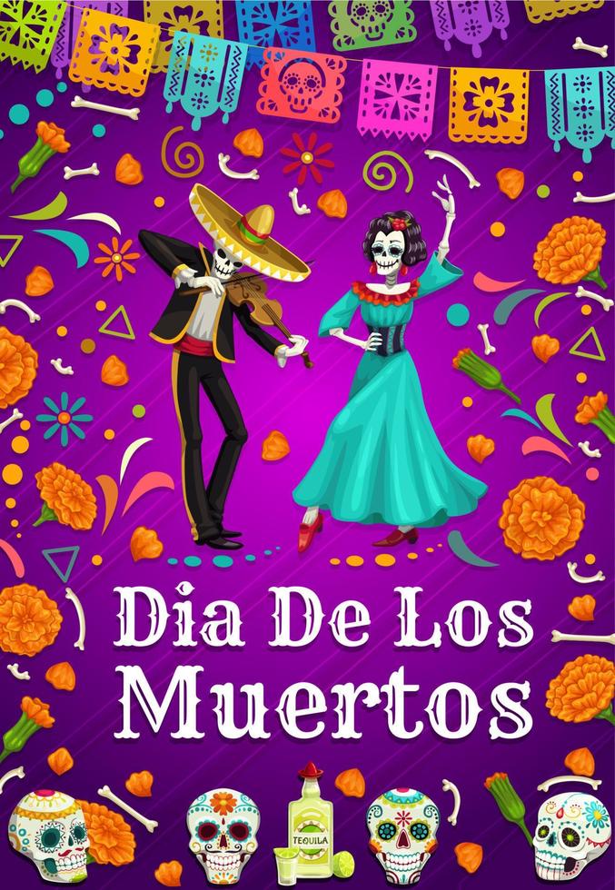 dia de muertos en mexico, esqueletos de hombre mujer bailando vector