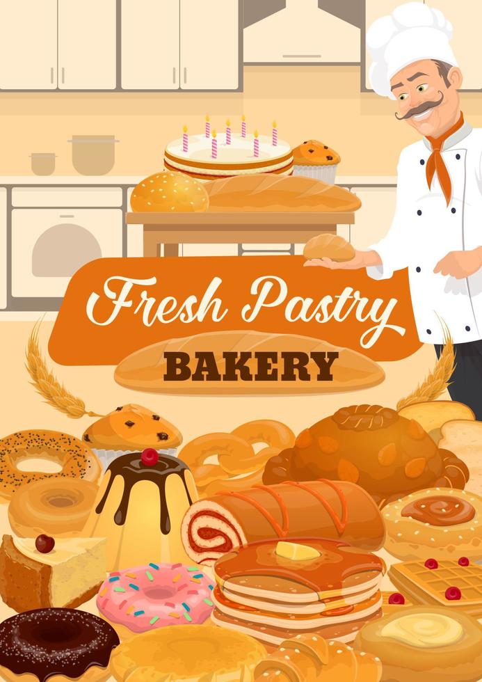 Bakery pastry sweets, bread, baker dessert cakes vector