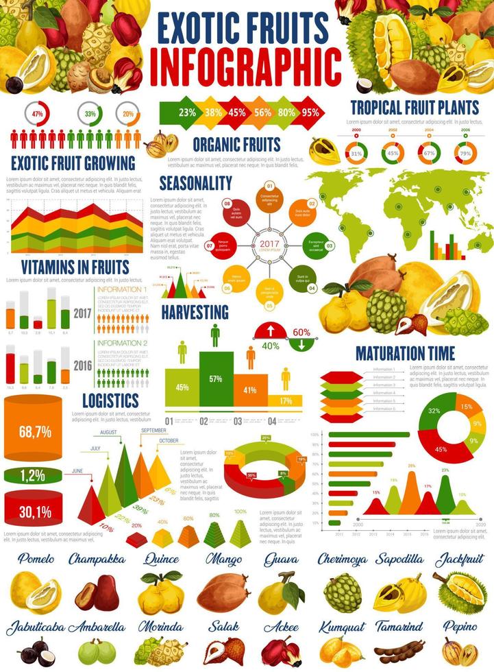 Exotic fruits growing, harvest infographics vector