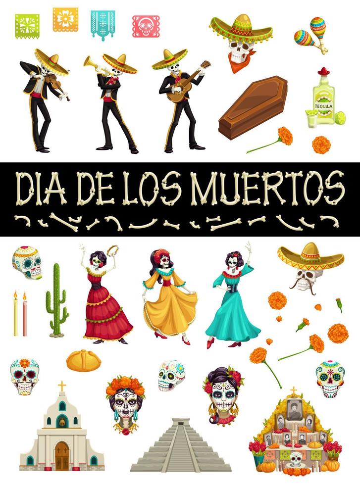 Dia de los Muertos Mexican holiday fiesta symbols vector